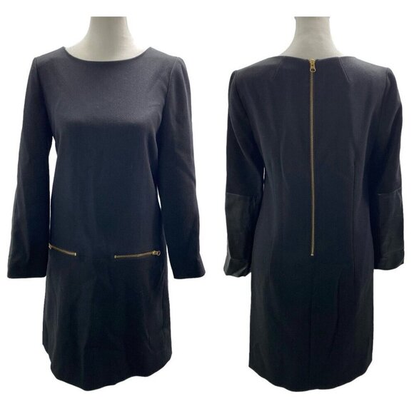 J CREW Long Sleeve Round Neck Shift Dress Back Zip Elbow Patch Black 0 34-11 - Picture 1 of 16